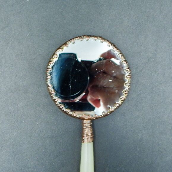 Asian Hand Mirror Lady Fishing Jade Handle Hand Painted Porcelain Top - Picture 4 of 9